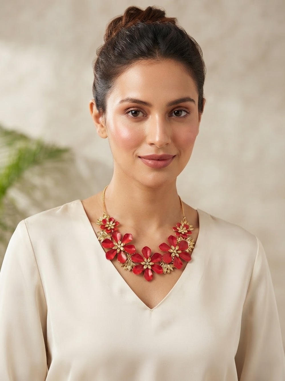 Boutique 9 Red Floral Statement Necklace with Gold Accents